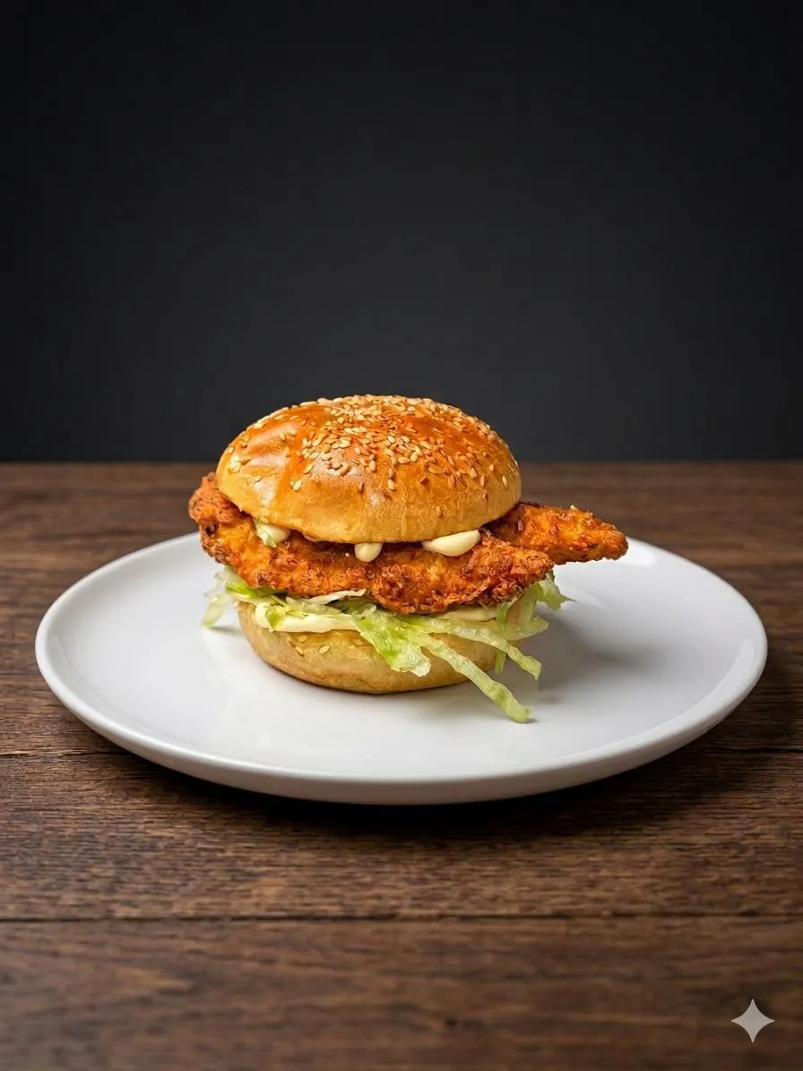 Crispy chicken burger with lettuce and mayo on a brioche bun