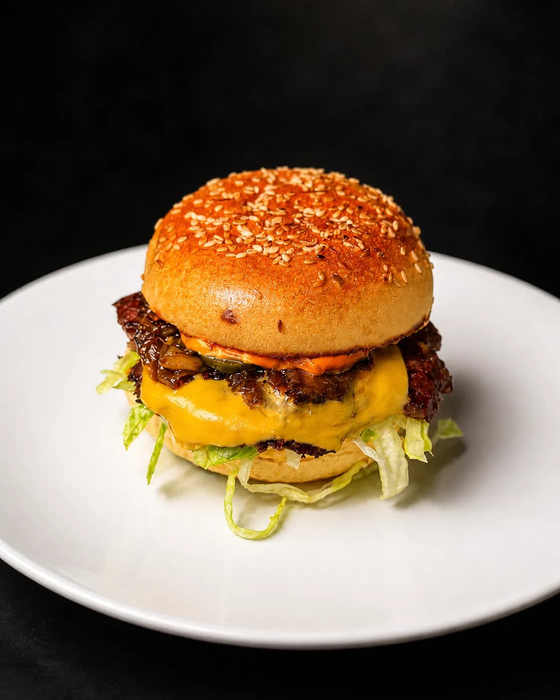 Single smash burger with American cheese on a brioche bun